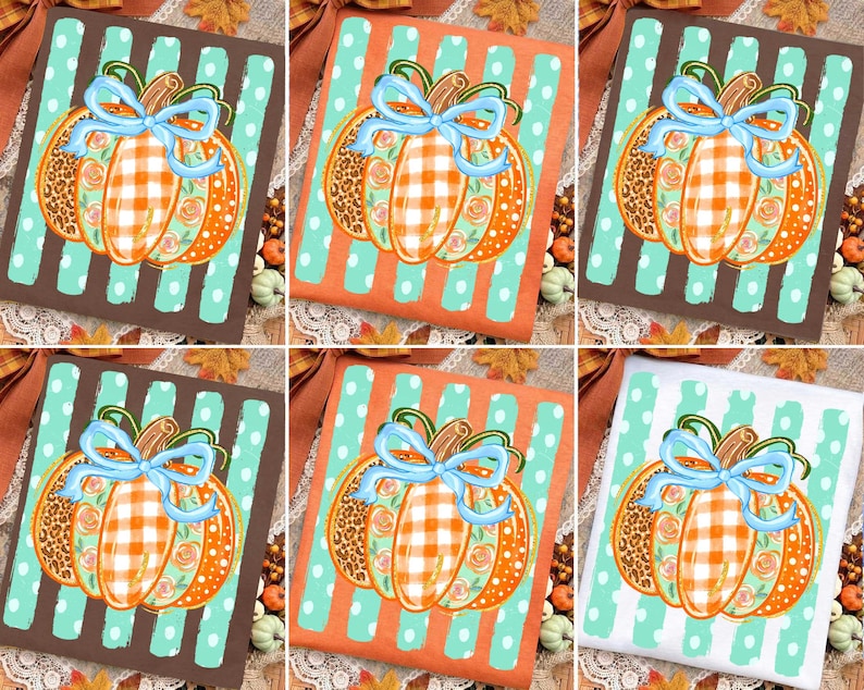 Striped Preppy Fall Pumpkin Glitter Png, Floral Pumpkin Bow PNG, Trending Cozy Season Png, Coquette Autumn Shirt Png, Pumpkin Spice Png image 6