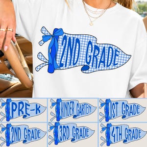 Preppy Back To School Coquette Pennant Flag PNG Bundle, Teach Love Inspire, Pre-K To Fourth Grade Png, 1st Day Of School, Blue Gingham Png