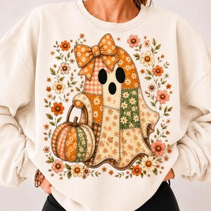Patchwork Floral Ghost Png,Checkered Floral Boho Fall Shirt Design, Fall Ghost Png, Spooky Season Halloween Sublimation,Trendy Viral Png