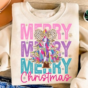 Colorful Coquette Glitter Christmas Tree Png, Merry Christmas Tree Design, Bright Color Christmas Coquette Bow Dalmatian Dots, brushstroke