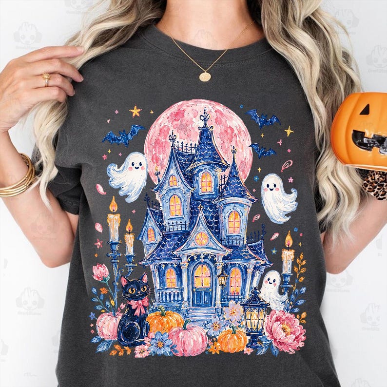 PNG de casa embrujada de moda, sublimación de fantasma de Halloween de moda, diseño de camiseta de temporada espeluznante para chicas, PNG de calabaza floral de otoño de moda, dibujado a mano imagen 7