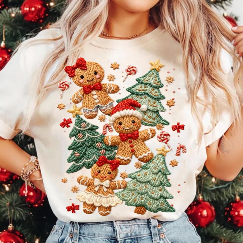 Op de afbeelding: Cr&egrave;mekleurig T-shirt met een kerstontwerp. De afbeelding bevat peperkoekenmannetjes, kerstbomen, zuurstokken en sterren. De peperkoekfiguren hebben rode strikjes en hoeden, met een witte rok op &eacute;&eacute;n. De bomen zijn groen.