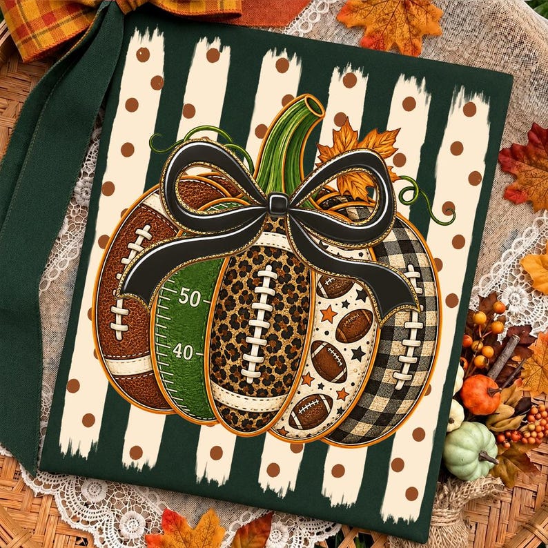 May include: A square decorative sign featuring a central pumpkin graphic composed of football-themed segments, including leopard print, brown leather, green field markings with numbers 40 and 50, and black plaid, topped with a large black bow.