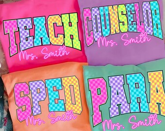 Checkered Neon School Occupation PNG Bundle, Back to School Teach Sped Para Counselor, Preppy First Day of School Png, Colorful, Hand Drawn