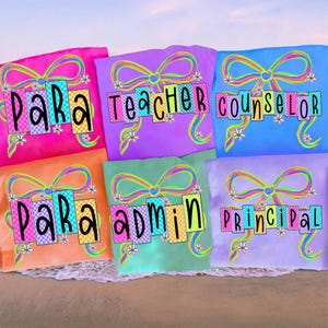 Neon School Occupation Coquette Bow PNG Bundle, Back to School Teacher Sped Para Counselor, Preppy First Day of School Checkered Girly Png