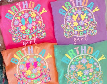 Neon Summer Smiley Face Floral  Birthday Girl Bundle Png, Bday Squad, Peace Hand Sign Summer PNG Trendy Summer Bday, Girly Distressed Beach