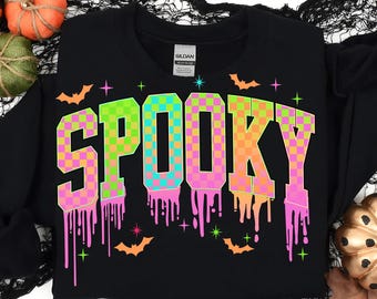 Karierter Halloween Drip Png, Süßer Boo Geist Blumen Coquette Png, Preppy Halloween Neon Png, Bunt, Gruselige Saison Png, Trending Design