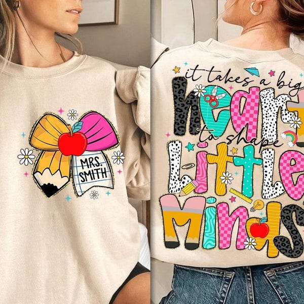 Dibujo de lápiz con lazo y purpurina de maestra preppy, nombre de maestra personalizado, se necesita un gran corazón, a cuadros, enseñar amor, inspirar leopardo