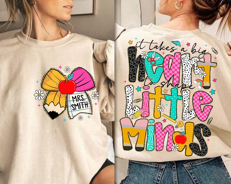 Dibujo de lápiz con lazo y purpurina de maestra preppy, nombre de maestra personalizado, se necesita un gran corazón, a cuadros, enseñar amor, inspirar leopardo