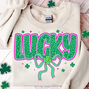 Preppy Lucky St Patrick&#39;s Day Coquette Png, St Patricks day png, Four Leaf Clover png, Leopard St Pattys day png, Retro St Patrick day