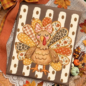 May include: A square canvas print featuring a cartoon turkey with closed eyes and a pink bow on its head. The turkey has a fanned tail with feathers in various patterns including leopard print, floral, and polka dots against a brown striped background.