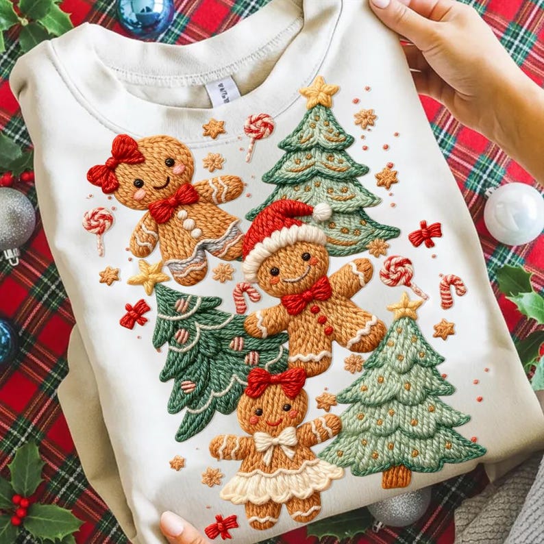 Op de afbeelding: Cr&egrave;mekleurige sweatshirt met geborduurd kerstontwerp. Het ontwerp toont peperkoekenmannetjes, kerstbomen en zuurstokken. De peperkoekfiguren dragen rode strikken en kerstmutsen, omringd door groene bomen en sterren, ideaal voor de feestdagen.