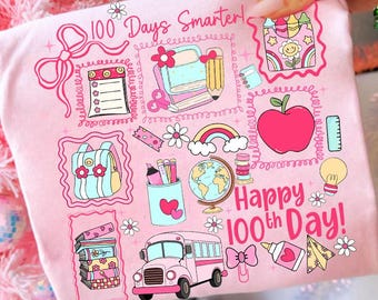 Preppy 100 dagen school png, coquette Teacher shirtontwerp met potloodstrik, 100 dagen slimmer png, roze meisjes 100e dag strik sublimatie