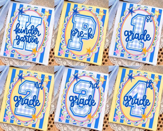 Preppy Back To School PNG Bundle, Blue Gingham Pre-K To Fourth Grade Png, Teacher Apple Png, School Girl Png, First Day Of School Png