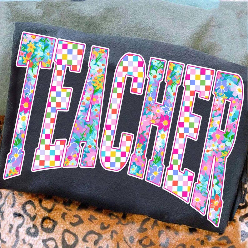 Retro Neon Floral Checkered Teacher PNG, Teacher Neon Distressed Png, Teacher Varsity, Teacher Stethoscope, Teacher Life, Hand Drawn image 1