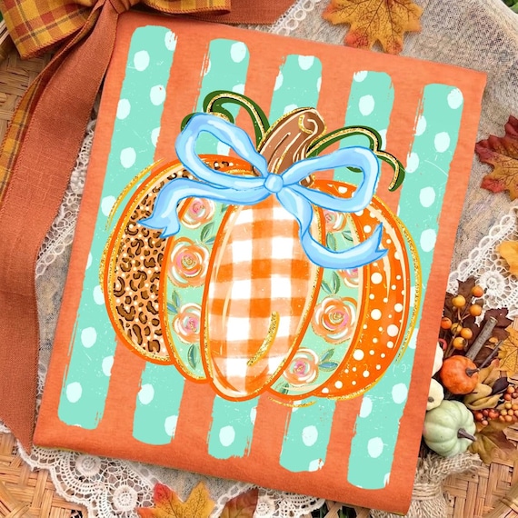 Striped Preppy Fall Pumpkin Glitter Png, Floral Pumpkin Bow PNG, Trending Cozy Season Png, Coquette Autumn Shirt Png, Pumpkin Spice Png