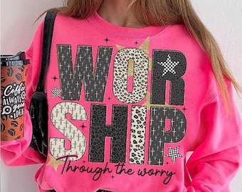 Worship Through The Worry Glitter Png, Jesus PNG, Bible Verse png Christian Sublimation, God Png, Christian Shirt, Faith Religious, Leopard