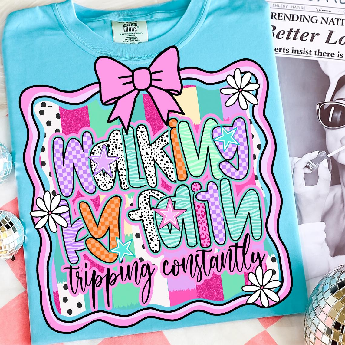 Preppy Walking By Faith Tripping Constantly PNG, Religious PNG, Trendy Png, Neon Smiley Png, Checkered, Leopard , Coquette Png, Brushstroke