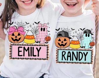 Gepersonaliseerde spookpompoen voor kinderen geruit png, spook jongens/meisjes, Halloween kinderen png, strik balpet Halloween ontwerp kinderen, spook Halloween