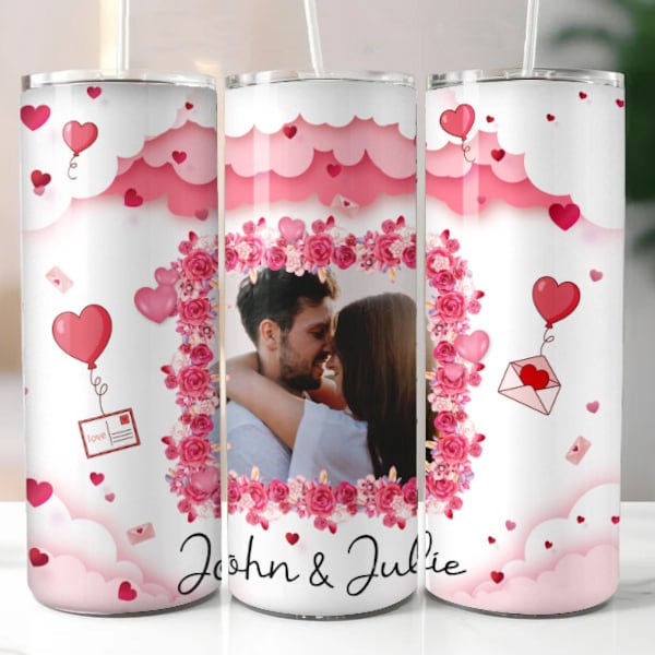 Love Valentines Day 20oz Skinny Tumbler Png, Photo Red Glitter Hearts Tumbler Sublimation, Couple Valentine, Add Your Own Photo Digital File