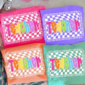 Retro Neon Teacher Distressed PNG, Teacher Love Them Teach Them Png Colorful Checkerboard Teacher Sublimation, Back to School Png, Coloful