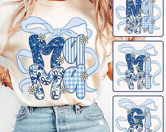 Preppy Floral Mama Mimi Gigi Nana Bundle Png, Grandmillennial Blue Floral Png, Kokietka Bow Png, Mama Floral Png, Pasiasta Mama, Rysowane ręcznie