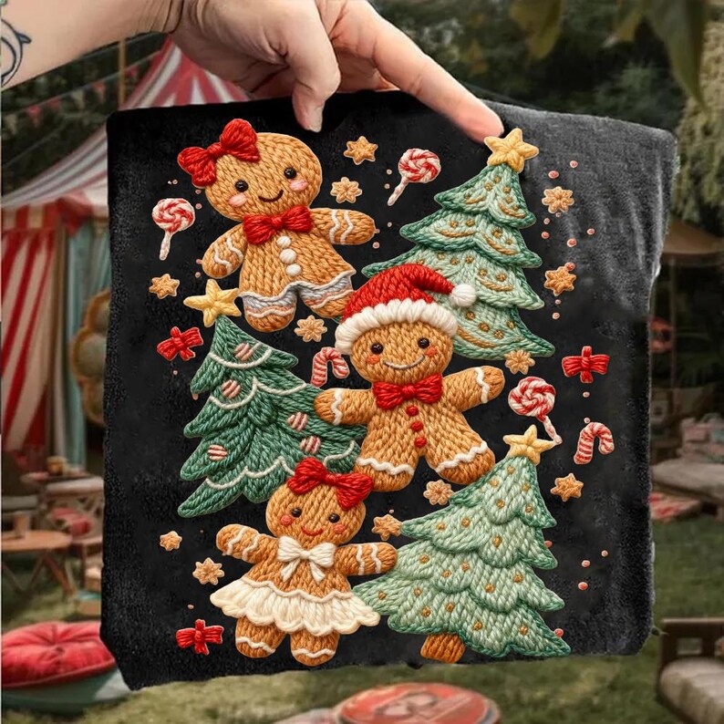 Op de afbeelding: Zwart decoratief kussen met een feestelijk kerstontwerp. Het kussen toont peperkoekenmannetjes, kerstbomen, zuurstokken en sterren. De peperkoekfiguren hebben rode strikjes en hoeden. De bomen zijn groen en de sterren geel.