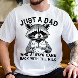 Nur ein Vater, der mit der Milch zurückkam Vatertag Waschbär Png, schwarzer Humor, lustige Milch Png, Vintage Tier Png, lustige Vatertag png