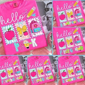 Preppy Back to School PNG Bundle, Hello Kindergarten Pre-K 1st 2d 3d 4th 5th Grades Png, Coquette First day Hand Drawn Teacher Girl