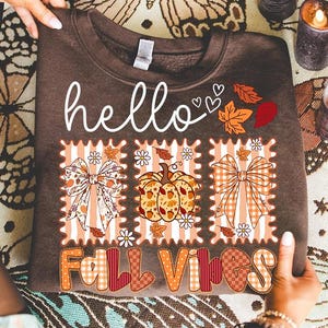 Puede incluir: Una sudadera marrón con la palabra "hello" en escritura blanca. El diseño incluye una calabaza, lazos, hojas y las palabras "Fall Vibes" en naranja y marrón. La sudadera es sostenida por manos.