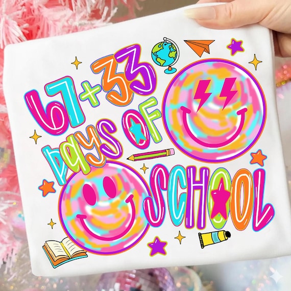 Neon 67+33 Days Of School Png, Coquette Bow Pencil Png, Teacher Student Shirt Png, Checkered Glitter Png, Preppy 100 Days Smiley Png,Digital