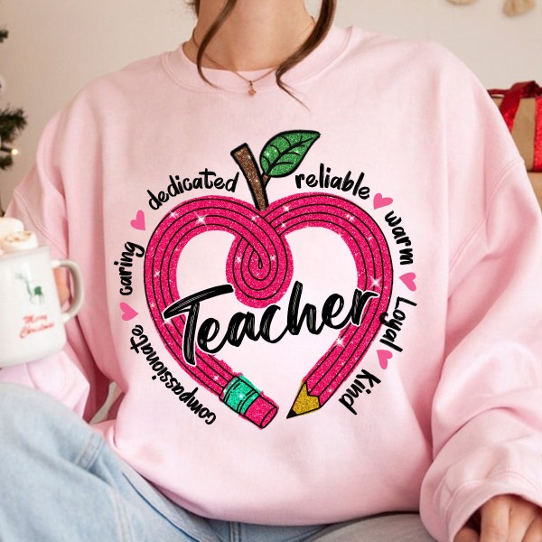 Teacher Heart Pencil Png, Valentine Day Png, Teacher Valentine Png, Retro Valentine, Faux Sequins Valentine Sparkly Png, Teacher shirt