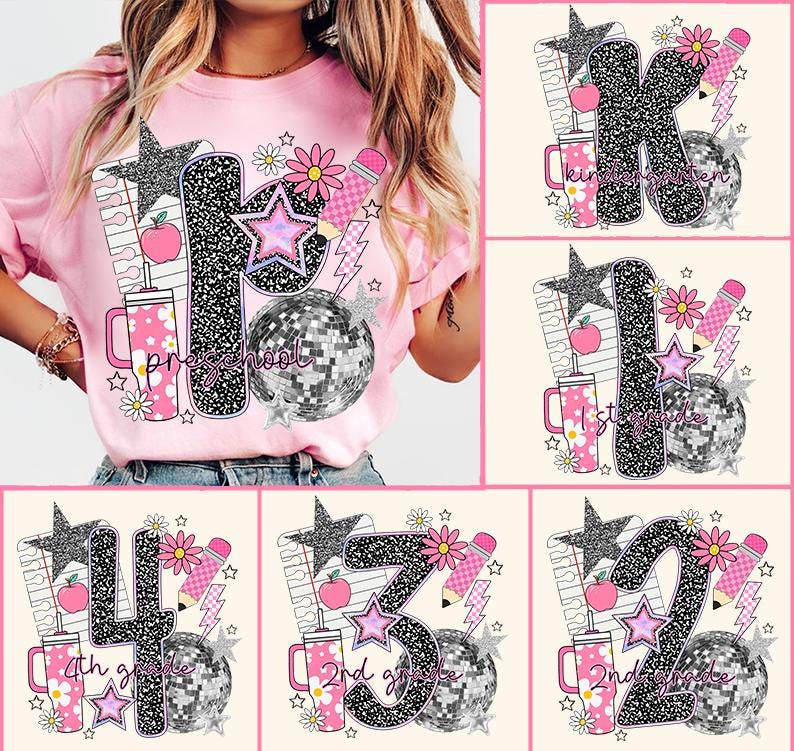 May include: Pink t-shirt with a graphic design featuring the word "Preschool" in a glittery font, a disco ball, stars, flowers, and a pencil. The design also includes a tumbler with a floral pattern and an apple.