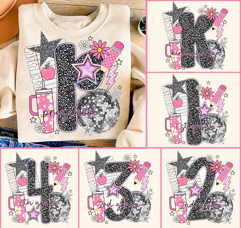 May include: Cream-colored sweatshirt with a colorful school-themed design. The design includes a large letter, a disco ball, stars, a pencil, and a drink cup. The sweatshirt has the word "Preschool" printed on it.