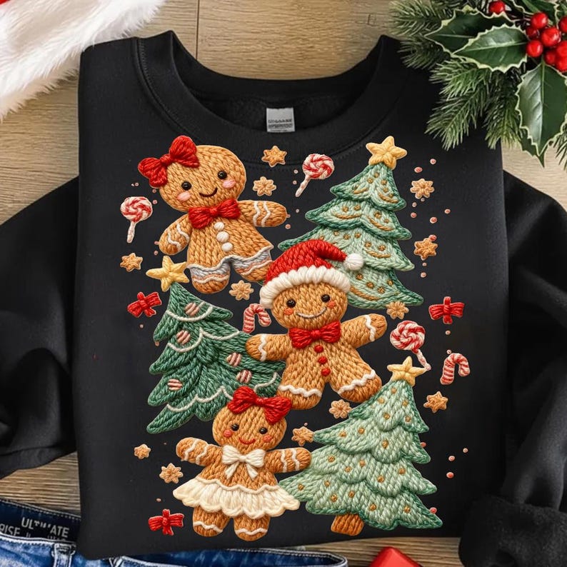 Op de afbeelding: Zwarte sweatshirt met een kerstthema. Het heeft peperkoekenmannetjes, kerstbomen en zuurstokken. De peperkoekfiguren hebben rode strikken en hoeden. De bomen zijn groen.