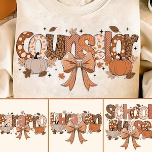 May include: A white sweatshirt with the word "Counselor" in brown, orange, and white letters with a fall-themed design. The letters are decorated with polka dots, stripes, and animal print. There are two pumpkins and a brown bow with a fall leaf design.