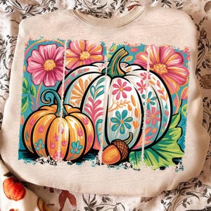 Fleurs d&#39;automne citrouilles Png, Sublimation de chemise d&#39;automne florale bohème, ambiance girly d&#39;automne Png, coup de pinceau automne preppy Png, saison citrouille rose Png