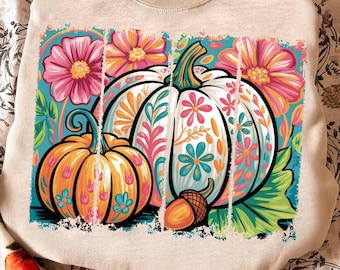 Jesienna kwiatowa dynia Png, Boho kwiatowa jesienna koszula sublimacyjna, dziewczęce jesienne klimaty Png, Preppy jesienne pociągnięcia pędzlem Png, różowy sezon dyni Png