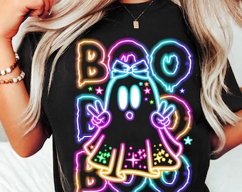 Cute Colorful Neon Boo Ghost Png, Halloween Boo Bow Png, Neon Halloween PNG, Boo Ghost Shirt Png, Cute Boo Halloween Sublimation Design
