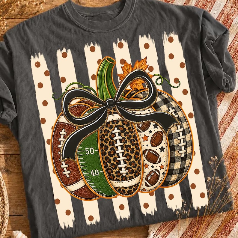 May include: A charcoal gray t-shirt featuring a large pumpkin graphic composed of various football-themed patterns, including leopard print, green field markings with 40 and 50 yard lines, and black and white plaid, all tied with a black bow.