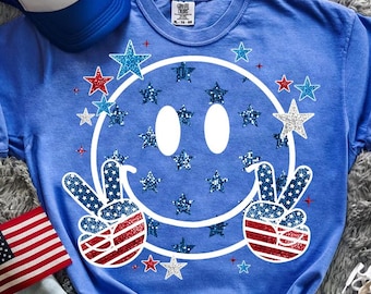 4th Of July Smiley Face Glitter PNG, 4th Of July Png, Independence Day Png, Stars and Stripes, Freedom, Peace Hand Sign Png, Memorial Day