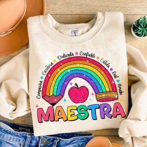 Spanish Teacher Rainbow Pencil Png, Teach Love Inspire Png, Teacher Appreciation Png, Faux Sequins Teacher Sparkly Png, Maestra shirt zdjęcie 4