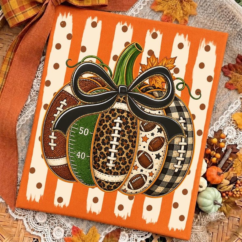 May include: A rectangular canvas print featuring a central pumpkin graphic composed of football-themed segments, including brown leather, green field markings with numbers 40 and 50, leopard print, and black buffalo plaid, topped with a black bow.