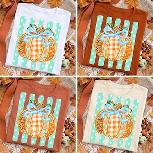 Striped Preppy Fall Pumpkin Glitter Png, Floral Pumpkin Bow PNG, Trending Cozy Season Png, Coquette Autumn Shirt Png, Pumpkin Spice Png image 2