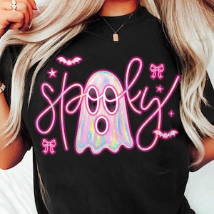 Cute Pink Neon Spooky Ghost Png, Boo Bow Png, Neon Halloween PNG, Boo Ghost Shirt Png, Retro Disco Iridescent Ghost,Cute Disco Ghost PNG