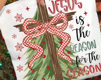 Jesus Is The Reason For The Season png, Coquette Christmas Tree Png, Preppy christmas png, Jesus Christmas Cross png,Checkered Red Plaid Png