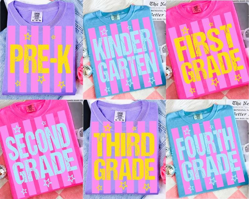 Neon Striped School Coquette PNG Bundle, Trendy Summer Teacher Sublimation Design, Polka Dots Png, Pre-K To Fourth Grade Png, Girly image 1