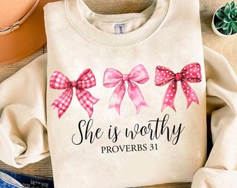 She is Worthy Pink Bow PNG, Women's Christian Shirts, Cute Christian Coquette Bow Designs, Girly Faith Shirt Ideas, Trendy Christian Shirt