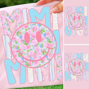 Könnte beinhalten: Rosa Stoff mit dem Wort "MIMI" in einem Patchwork-Design. Die Buchstaben sind hellblau und mit floralem Muster. Ein rosa Smiley mit floralem Muster befindet sich in der Mitte. Zusätzliche Bilder zeigen "GIGI"- und "NANA"-Designs.