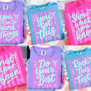 以下が含まれることがあります： 6色のTシャツのコレクション。それぞれに、遊び心のあるフォントでユニークなモチベーションフレーズが書かれています。シャツは紫、青、ピンクの色合いで、コントラストのあるストライプとテキストが特徴です。「You Got This」や「Do Your Best」などのフレーズが含まれています。